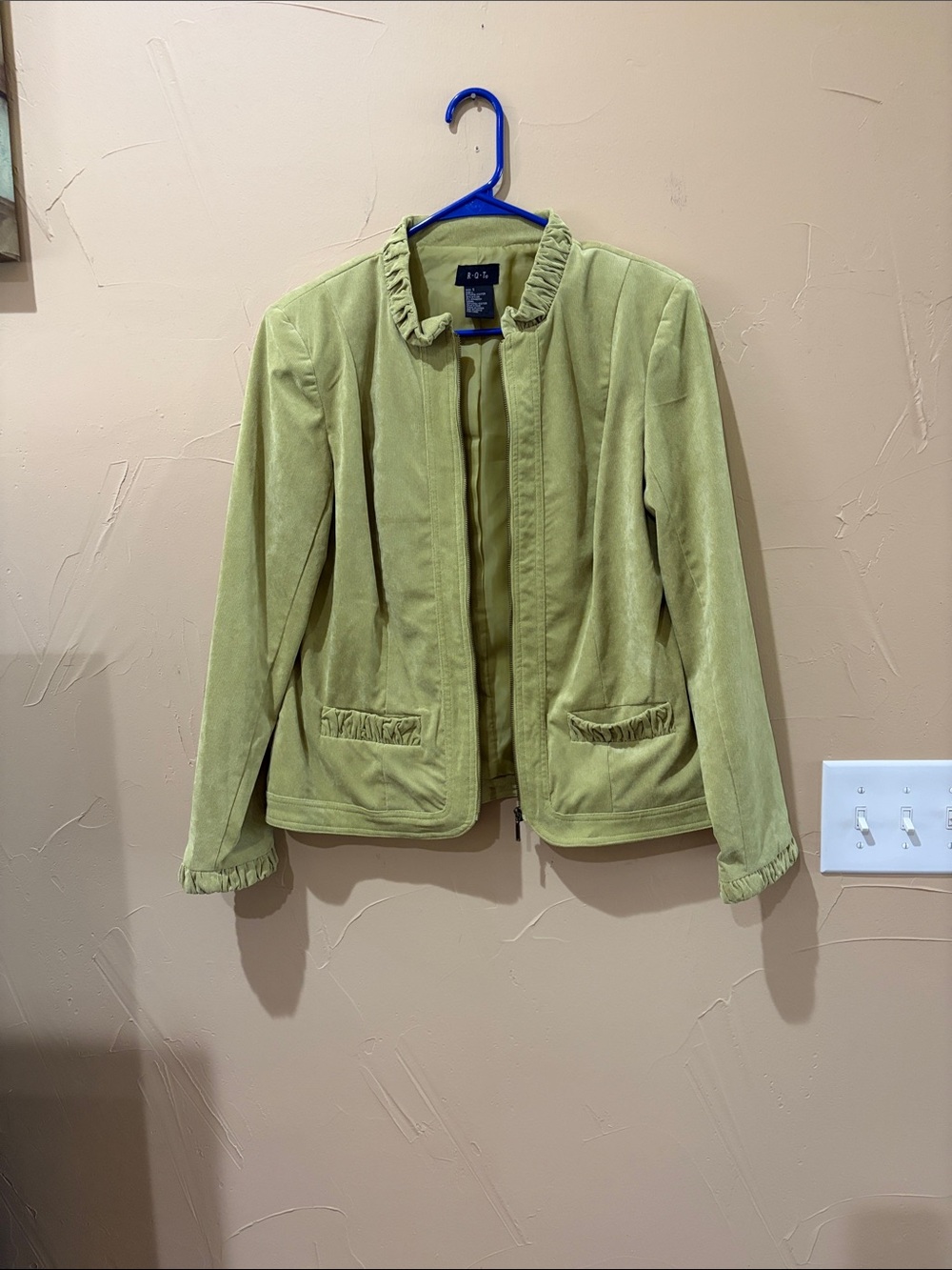 R.Q.T. Soft Ruffle-Trim Velvet Blazer in Light Olive